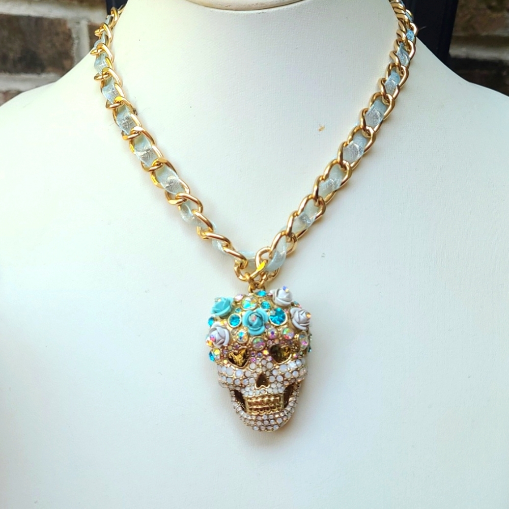 NWT Betsy Johnson sugar skull necklace baby blue floral rhinestone